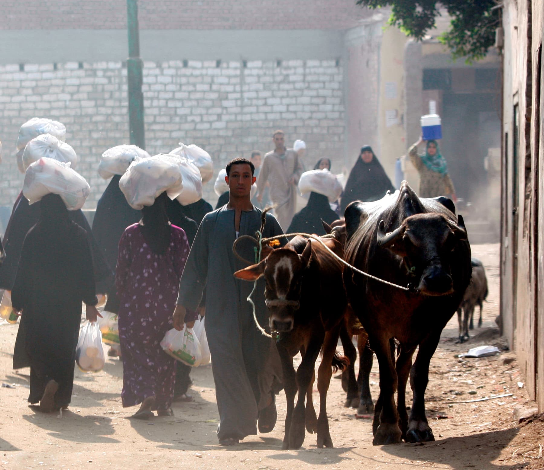 People return to their homes carrying food parcels during a Ramadan food distribution. Egypt, 2010.
